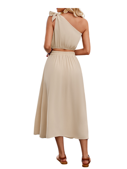 Two Piece One Shoulder Tie Top and Midi Skirt