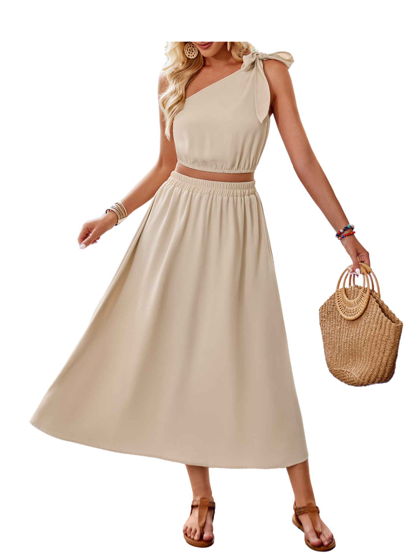 Two Piece One Shoulder Tie Top and Midi Skirt